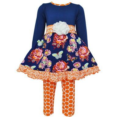 AnnLoren Girls Boutique Blue Butterfly Floral Dress Orange Polka Dot Legging Set - Lil FashionAva 