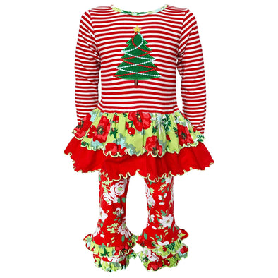 AnnLoren Girls Boutique Christmas Tree Holiday Tunic and Floral Ruffle Pants - Lil FashionAva 
