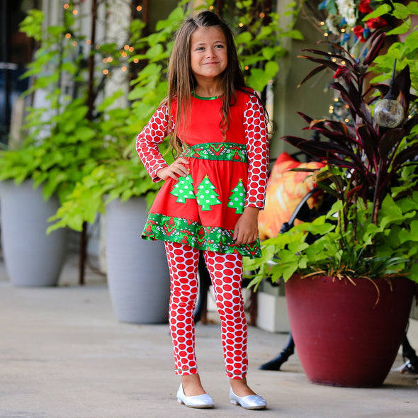AnnLoren Girls Boutique Winter Holiday Red Green Damask Dress and Legging Set - Lil FashionAva 