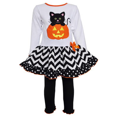 AnnLoren Girls' Halloween Orange Pumpkin and Black Cat Dress & Leggings Outfit - Lil FashionAva 