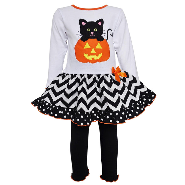 AnnLoren Girls' Halloween Orange Pumpkin and Black Cat Dress & Leggings Outfit - Lil FashionAva 