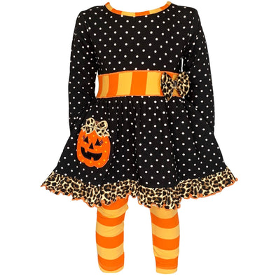 AnnLoren Girls' Halloween Orange Pumpkin Polka Dot Dress & Leggings Outfit - Lil FashionAva 