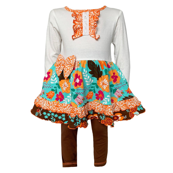 AnnLoren Girls Holiday Autumn Floral Ruffle Thanksgiving Dress & Leggings - Lil FashionAva 