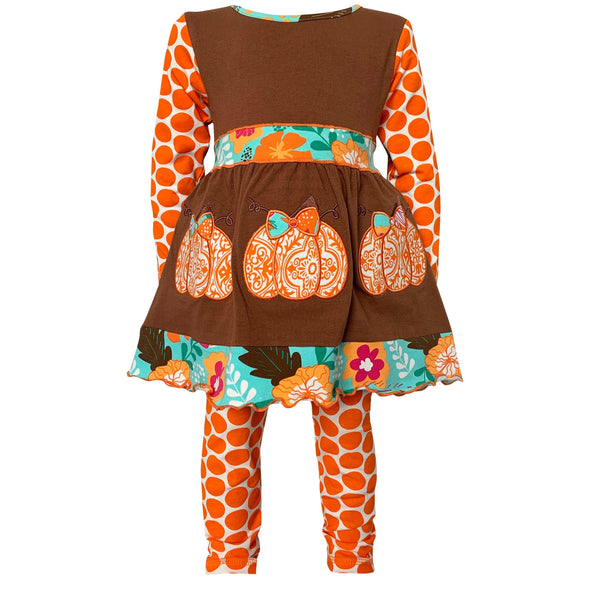 AnnLoren Girls Holiday Orange Pumpkin Patch Autumn Thanksgiving Dress & Leggings - Lil FashionAva 