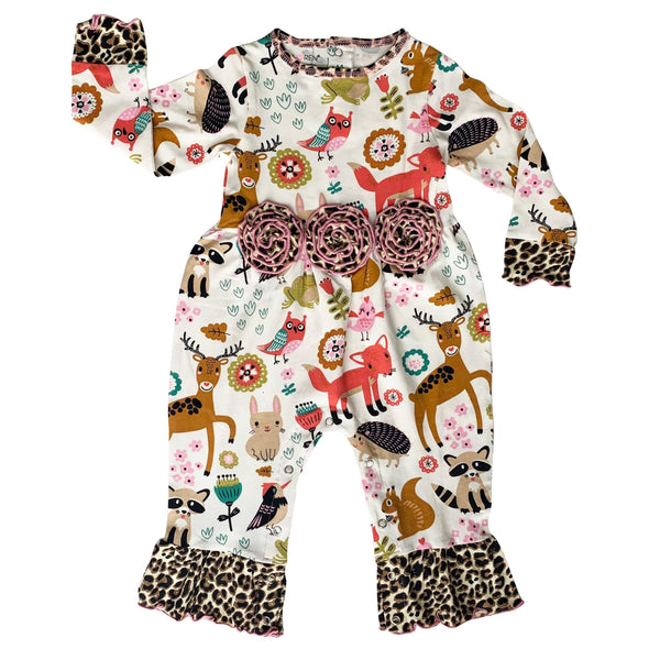 AnnLoren Girls Long Sleeve Forest Animal Friends Baby Toddler Romper - Lil FashionAva 
