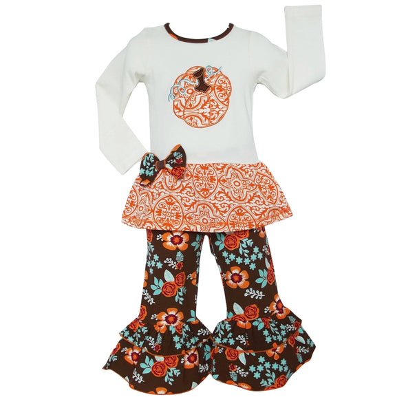 AnnLoren Girls Orange Pumpkin Autumn Floral Thanksgiving Tunic & Ruffle Pants Outfit - Lil FashionAva 
