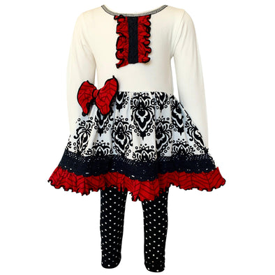 AnnLoren Girls Winter Damask Holiday Polka Dot Herringbone Dress Tunic & Leggings Set - Lil FashionAva 