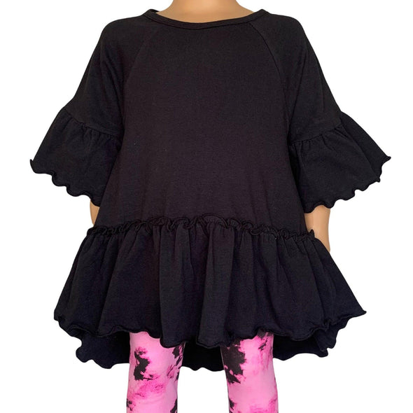 AnnLoren Little & Big Girls 3/4 Angel Sleeve Black Cotton Knit Ruffle Shirt - Lil FashionAva 