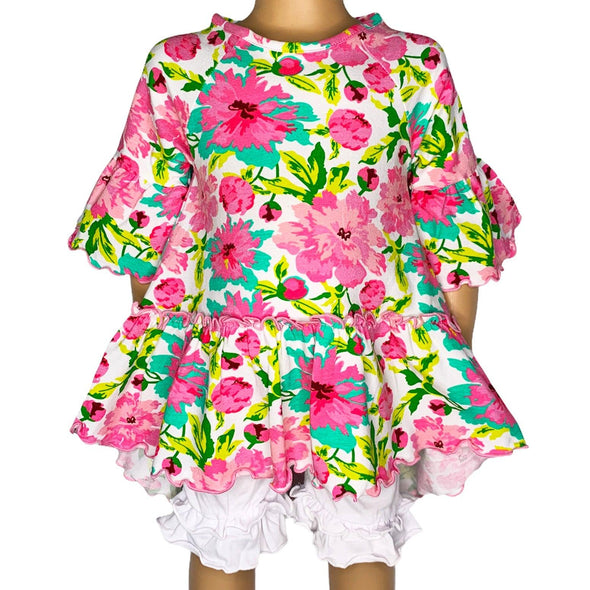 AnnLoren Little & Big Girls 3/4 Angel Sleeve Pink Green Big Floral Cotton Knit Ruffle Shirt - Lil FashionAva 