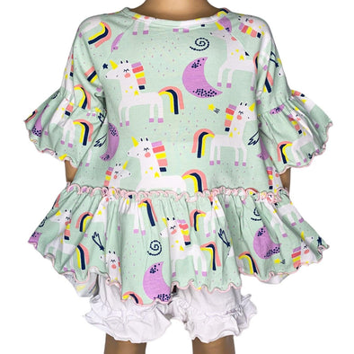 AnnLoren Little & Big Girls 3/4 Angel Sleeve Unicorn Cotton Knit Ruffle Shirt - Lil FashionAva 