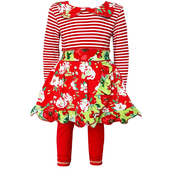 AnnLoren Little & Big Girls Boutique Red Christmas Floral Holiday Dress Legging Set - Lil FashionAva 