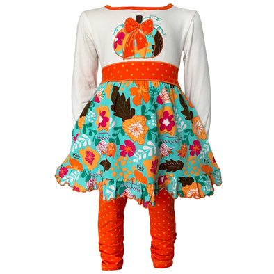 AnnLoren Little and Big Girls Vibrant Autumn Floral Pumpkin Thanksgiving Dress & Leggings - Lil FashionAva 