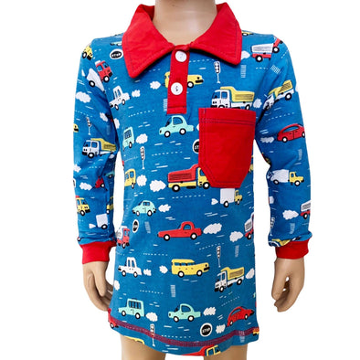 AnnLoren Toddler & Big Boys Long Sleeve Polo Shirt with Pocket Automobile Print - Lil FashionAva 