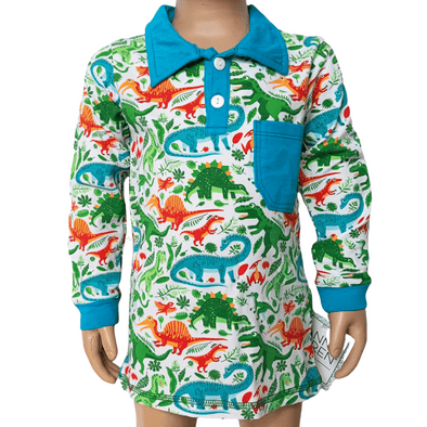 AnnLoren Toddler & Big Boys Long Sleeve Polo Shirt with Pocket Dinosaur Print - Lil FashionAva 
