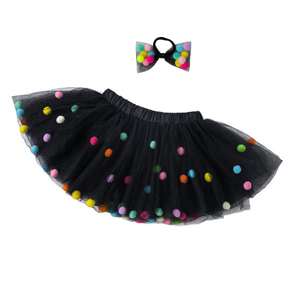 Black Tutu For Girls With Pom Poms and Bow Hair Tie | 2Pcs Set