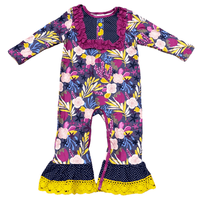 Fall Plum Floral Baby Girls Dress Up Ruffle Long Sleeve Romper - Lil FashionAva 