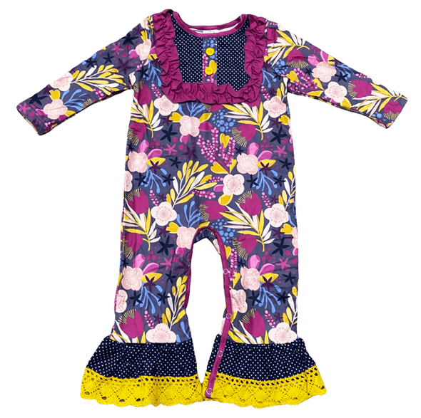 Fall Plum Floral Baby Girls Dress Up Ruffle Long Sleeve Romper - Lil FashionAva 