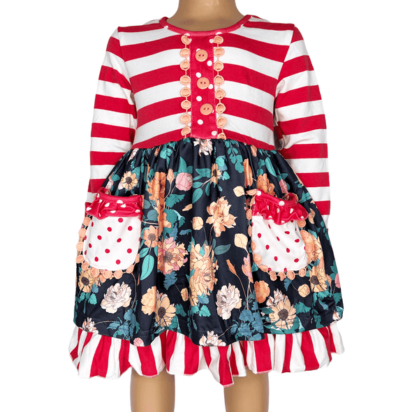 Girls Boutique Red Floral Striped Ruffled Holiday Dress - Lil FashionAva 
